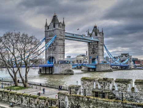 Scenic view of Tower Bridge over the Thames with cloudy sky in London.